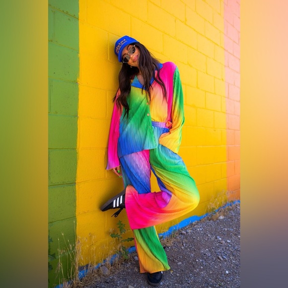 Prismatic Rainbow Plisse Top and Pant Set - Picture 1 of 11